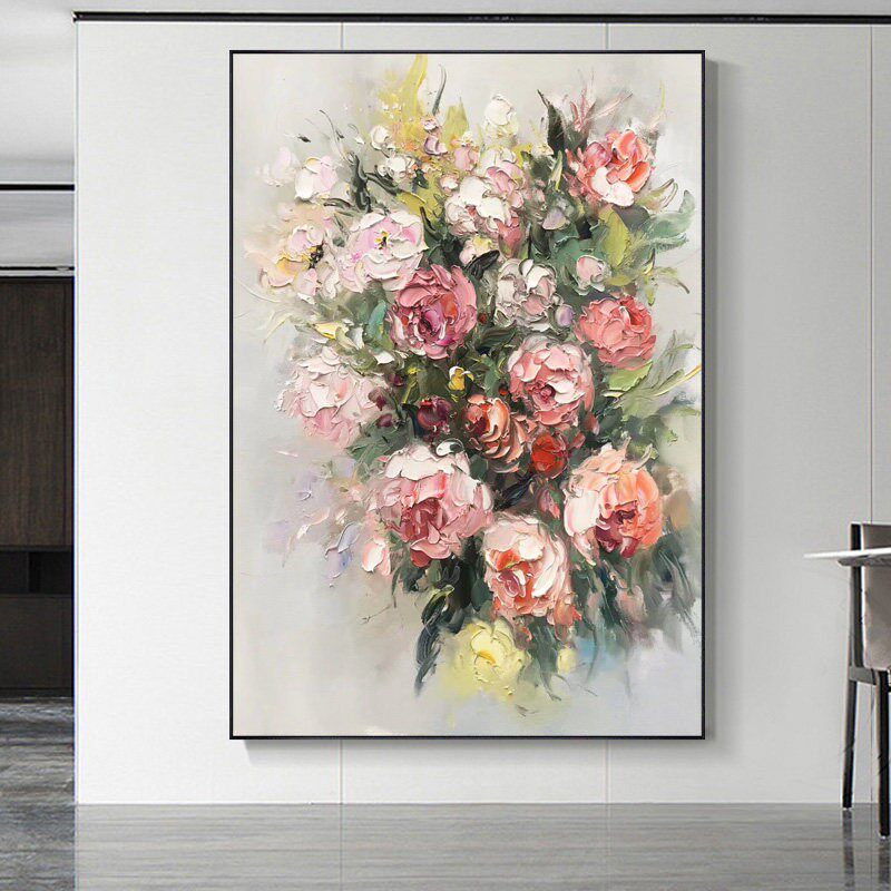 原创手绘油画玄关装饰画竖版过道走廊客厅餐厅挂画抽象牡丹花刀画