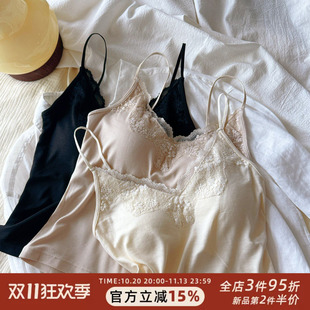 莫代尔罗纹蕾丝性感细肩带软糯弹力吊带背心文胸内搭美背自带胸垫