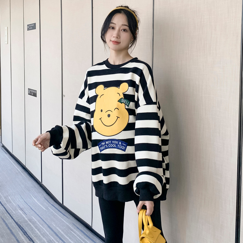 산모세트 봄 가을 스웨트셔츠 패셔너블하고 활용도 높은 스트라이프 미드기장 가을 겨울 뱃살 커버 슬리밍 외출용 트렌디한 벨벳 탑