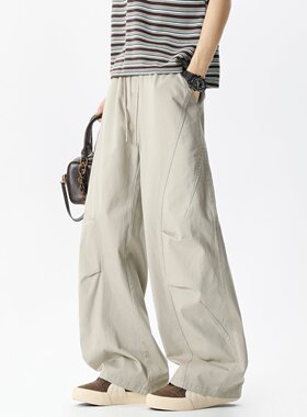 灰色阔腿裤男春夏2026新款美式超帅弯刀裤高腰宽松窄版直筒休闲裤