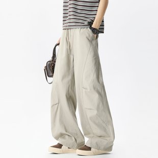 灰色阔腿裤男春夏2026新款美式超帅弯刀裤高腰宽松窄版直筒休闲裤