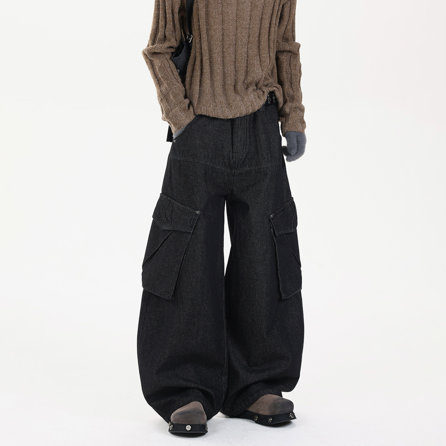 大口袋黑色工装牛仔裤男款春秋美式弯刀裤高腰宽松垂感拖地阔腿裤,男装,牛仔裤,淘宝优惠券,粉丝福利购,淘宝优惠卷