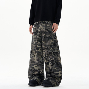 美式复古迷彩工装牛仔裤男春秋高腰超帅弯刀裤宽松显瘦直筒阔腿裤