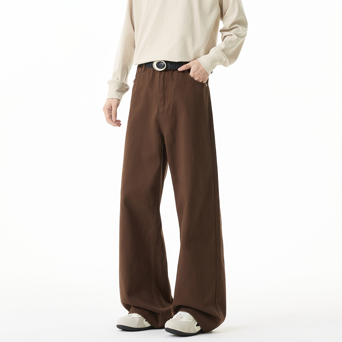 美拉德棕咖色微喇牛仔裤阔腿裤男