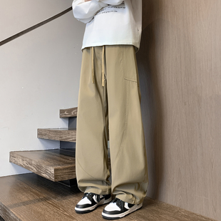 直筒宽松拖地阔腿裤 卡其色休闲工装 秋冬抽绳松紧腰弯刀裤 子男款 裤