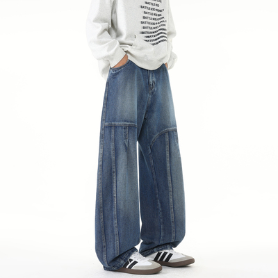 美式蓝色弯刀牛仔裤大码阔腿裤男