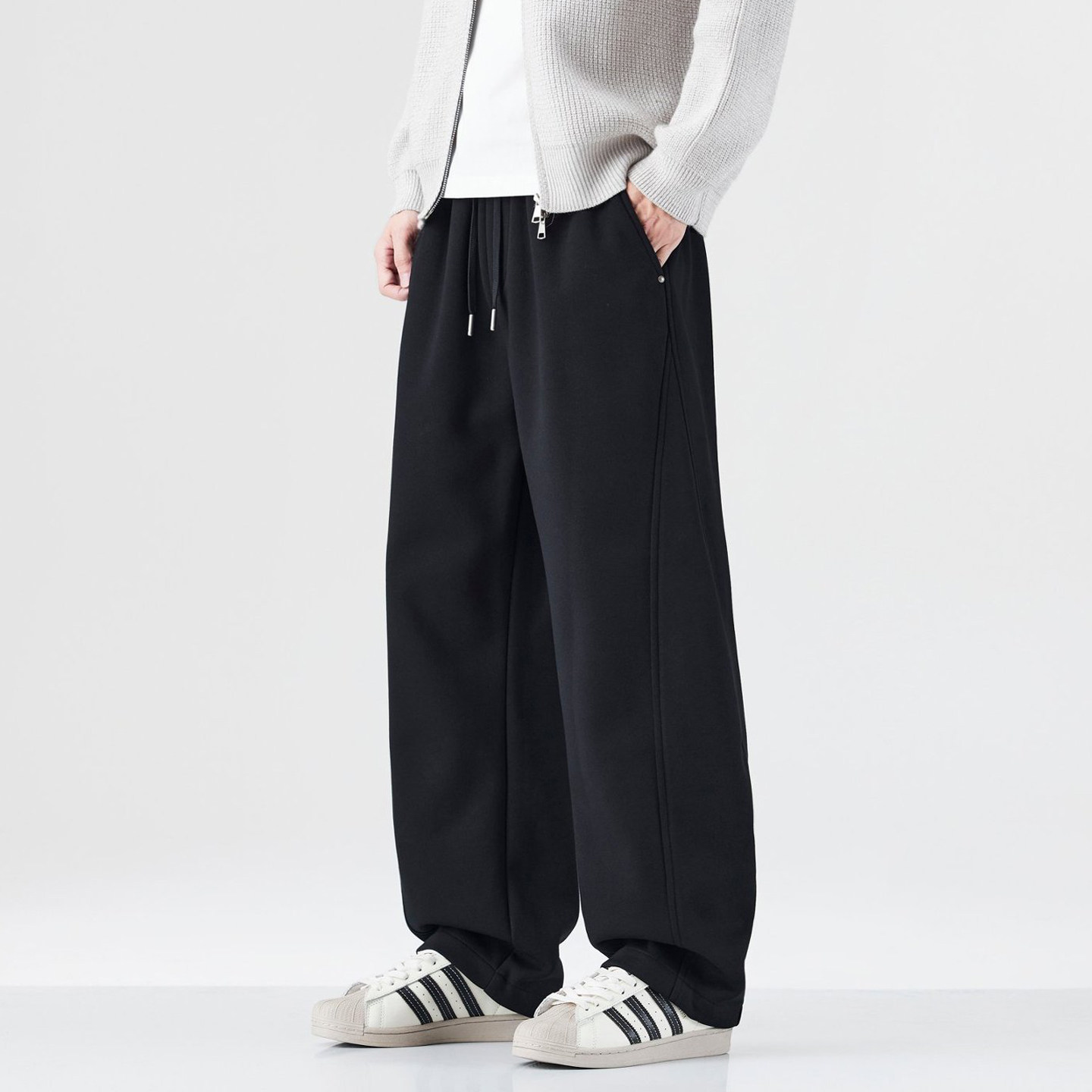 黑色拼接窄版阔腿裤男春秋2026新款抽绳休闲卫裤宽松显瘦直筒长裤,男装,休闲裤,淘宝优惠券,粉丝福利购,淘宝优惠卷