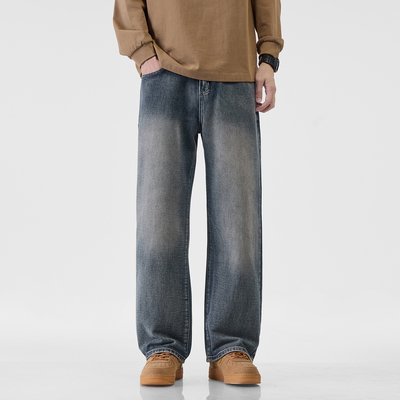 复古蓝牛仔裤男宽松窄版直筒裤子
