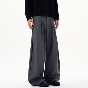 美式高街阔腿休闲裤男士春秋新款高腰褶皱西裤宽松垂感超帅弯刀裤