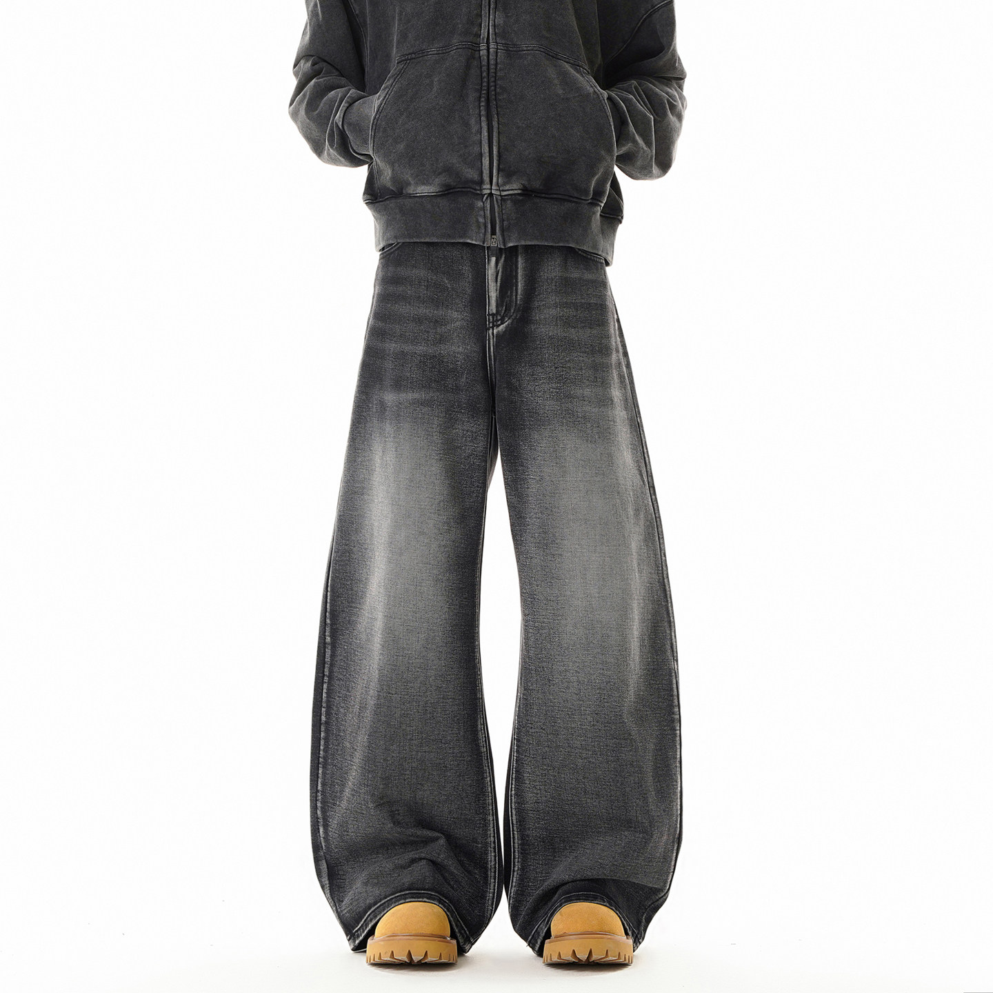 美式高街黑色阔腿牛仔裤男款春秋后松紧高腰直筒裤宽松垂感拖地裤,男装,牛仔裤,淘宝优惠券,粉丝福利购,淘宝优惠卷