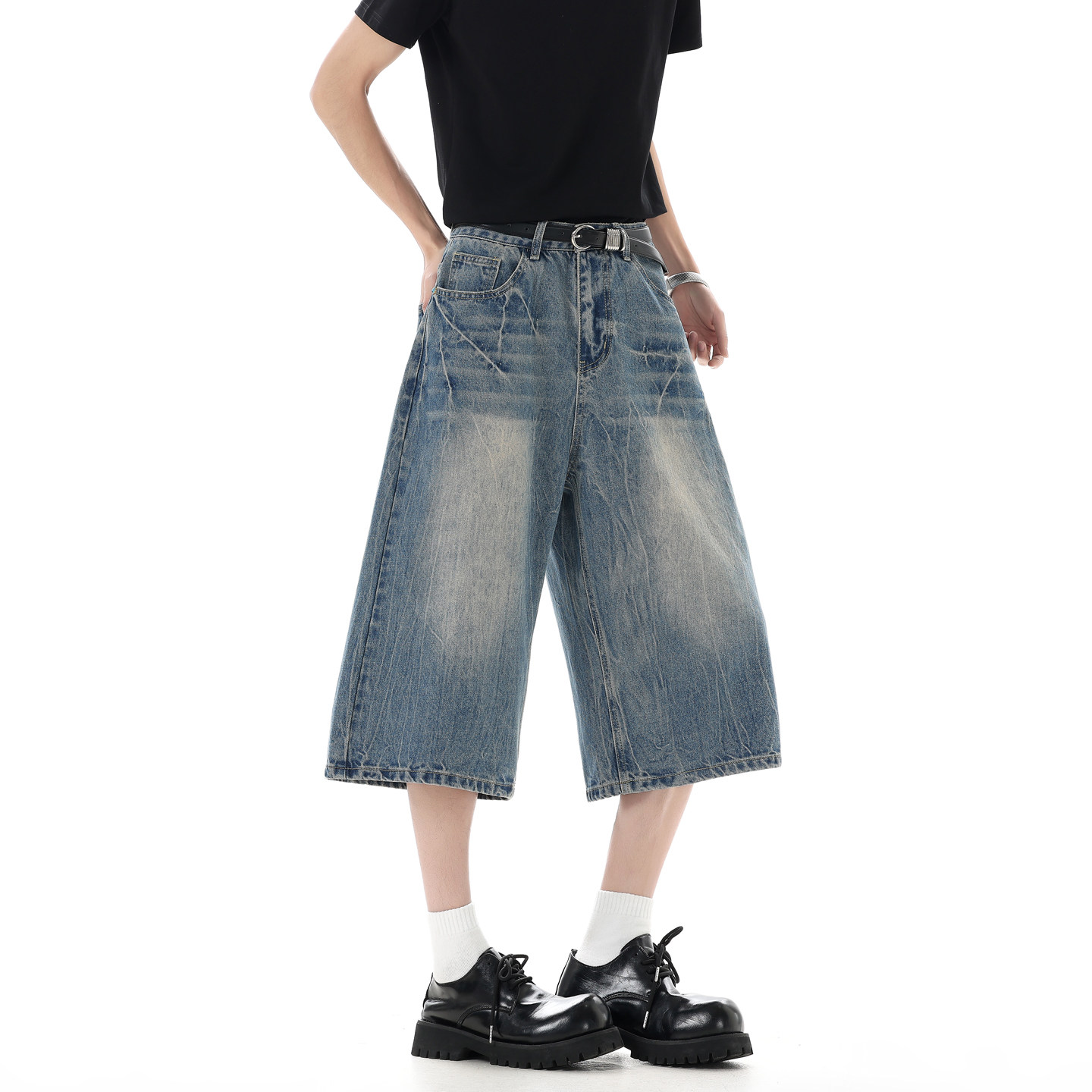 美式水洗闪电纹七分牛仔裤男夏季2026年新款高腰阔腿直筒7分中裤