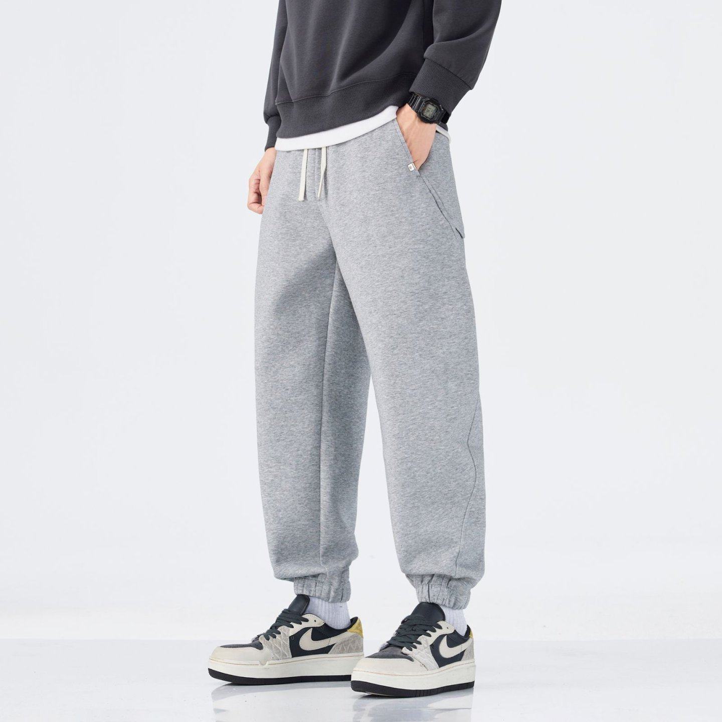 浅灰色束脚运动裤男款春秋2026新款抽绳松紧高腰直筒宽松休闲卫裤,男装,休闲裤,淘宝优惠券,粉丝福利购,淘宝优惠卷