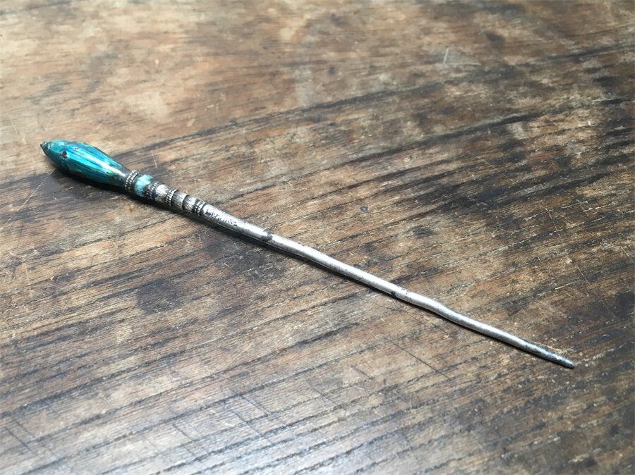 清代苏工錾刻花带款烤蓝莲子芯头银发簪老物件头饰银器古玩杂项