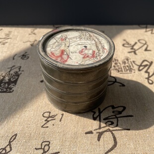 真品老包浆晚清民国锡质首饰盒粉盒嵌人物内画老物件收藏保真保老