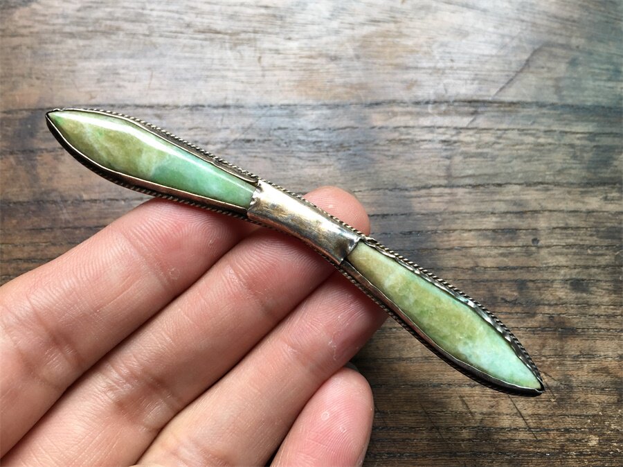 清代苏工江南名楼款银包翡翠腰形双尖发簪开门老玉器首饰工艺精湛