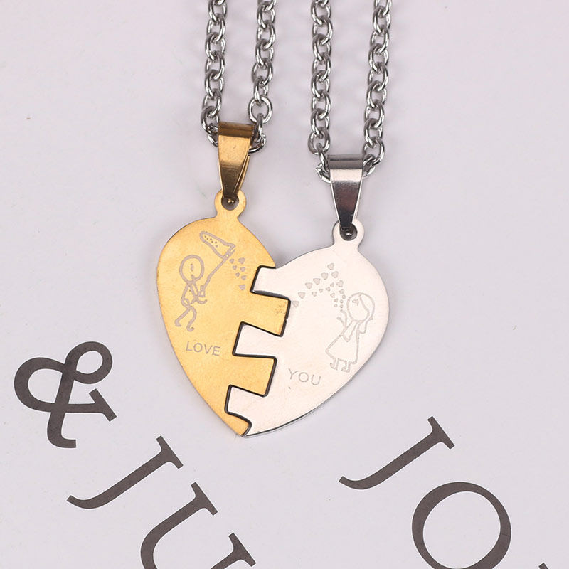 日韩学生时尚个性情侣项链爱心love you两人钛钢吊坠礼物合金饰品