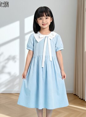女童蓝色蝴蝶结连衣裙夏季新款韩版时尚小清新儿童度假中长款裙子