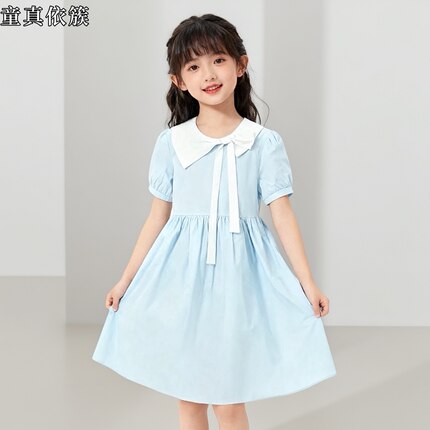 女童小清新度假连衣裙夏季新款韩版洋气蝴蝶结公主风儿童拼色裙子
