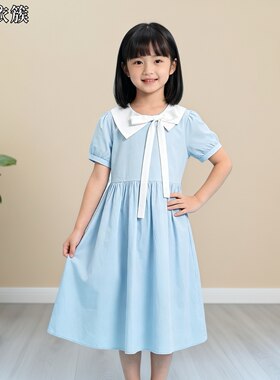 女童蓝色蝴蝶结连衣裙夏季新款韩版时尚小清新儿童度假中长款裙子