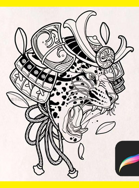 procreate日式传统老虎般若菊花艺妓牡丹鱼蛇纹身笔刷绘画素材