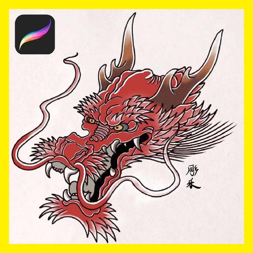 ipad procreate老传统龙头纹身设计参考笔刷绘画软件刺青手稿素材
