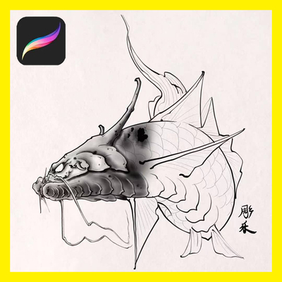 ipad procreate新传统纹身龙鱼笔刷设计参考绘画软件刺青手稿素材
