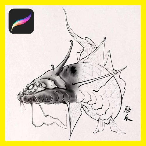 ipad procreate新传统纹身龙鱼笔刷设计参考绘画软件刺青手稿素材