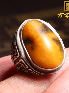 黄沁籽料银镶复古工艺原石戒指