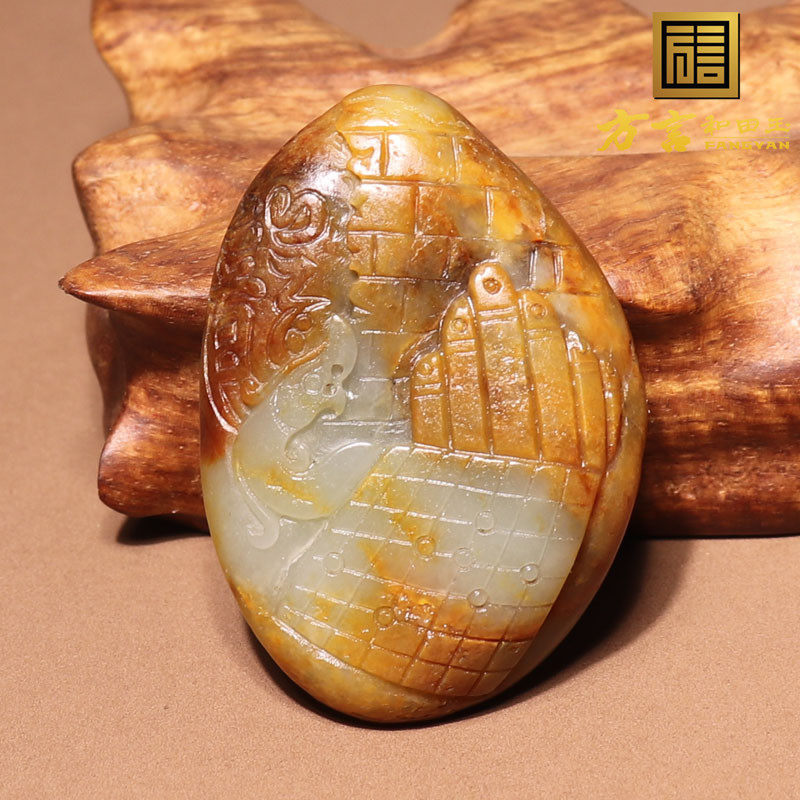 方言和田玉珍品新疆老熟如酥黄沁皮青白玉籽料锦灰堆吊坠挂件n