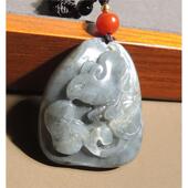 方言和田玉放大漏新疆玉龙河老熟青花籽料精雕生肖鼠吊坠挂件R