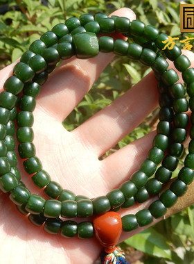 方言和田玉新疆策勒县戈壁料菠菜绿碧玉7mm直切珠项链多圈手串A2
