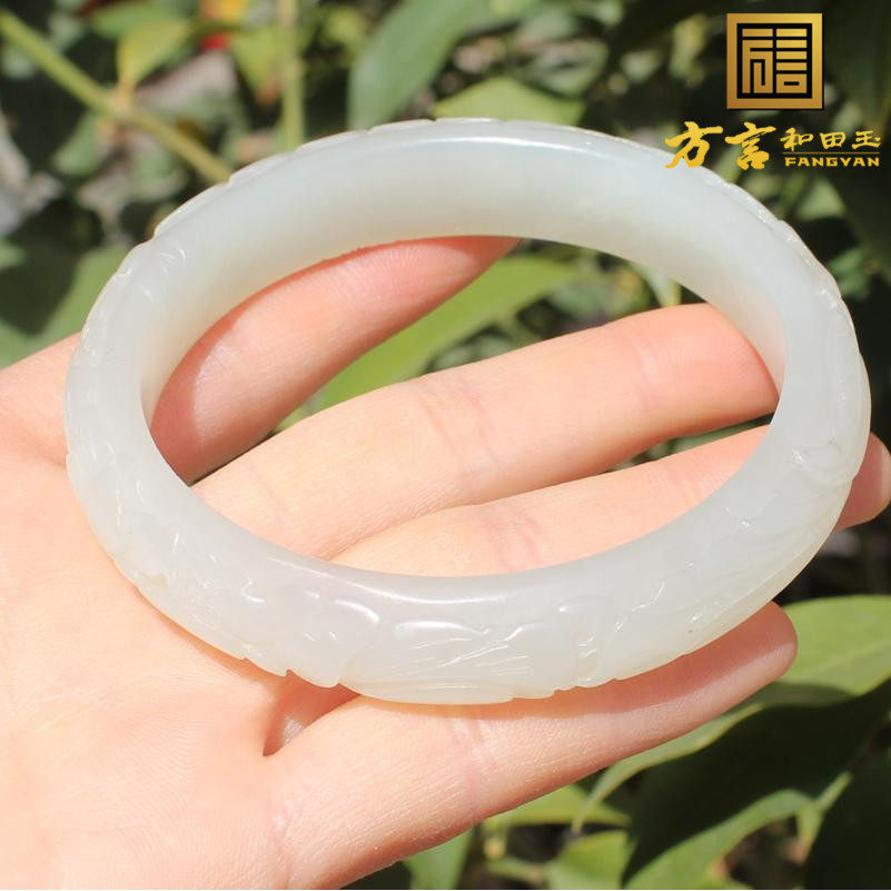 方言和田玉王广志大师青海料老坑温润细腻白玉卡62mm莲花手镯a5