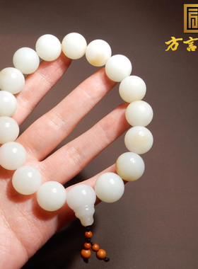 俄罗斯老料白玉带糖14mm圆珠手串