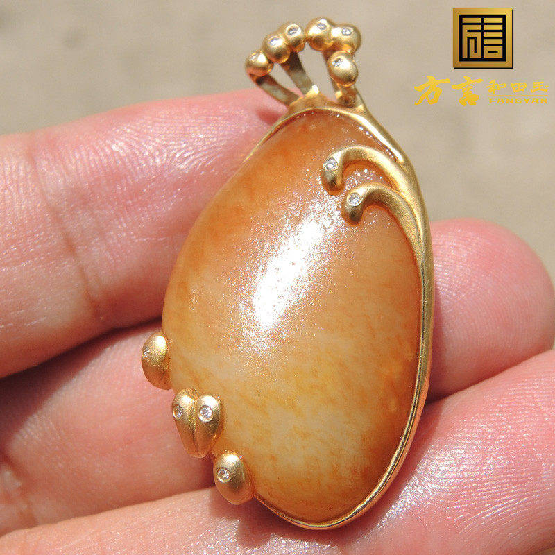 方言珍稀俏皮名品玉金包银挂件籽料18K金镶玉真钻豪华原石吊坠子F