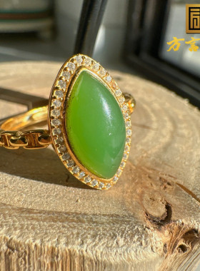 美美哒方言和田玉俄罗斯乌兰海阳绿碧玉S925银镶玉精品女玉戒指O