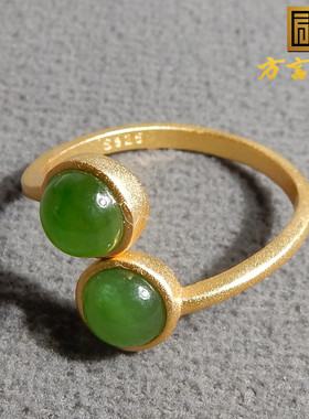 美美哒方言和田玉佩戴级俄罗斯玉碧玉阳绿冰底镶嵌福豆戒指戒圈A2