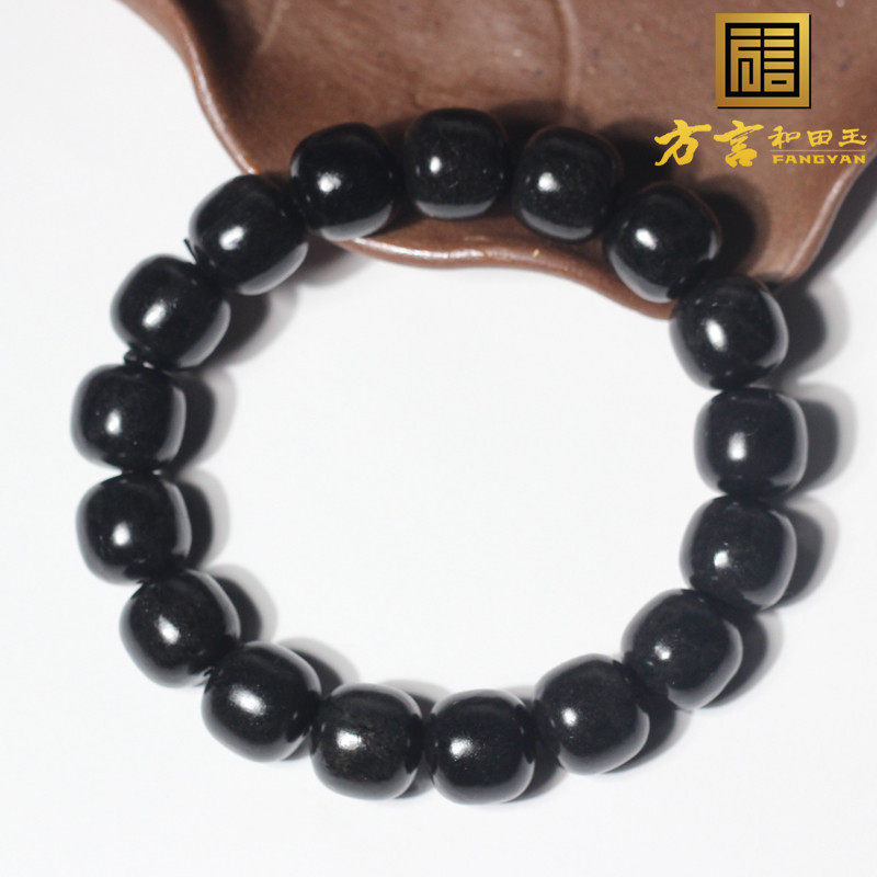 方言热卖和田玉新疆漆黑如墨羊脂玉底墨玉籽料卡12mm老型珠手串h