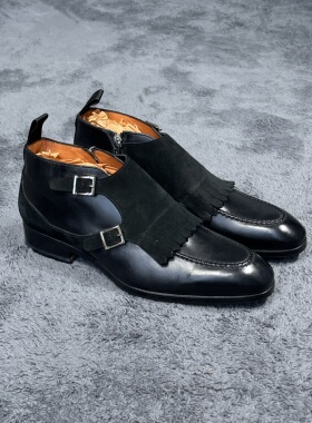 大脸猫现货Santoni 圣东尼 男士流苏翻绒搭扣侧拉链皮鞋短靴