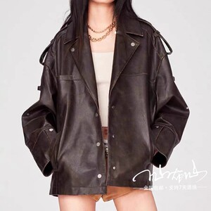 fabirque2023秋冬季新款美拉德风废土擦色做旧机车夹克外套女