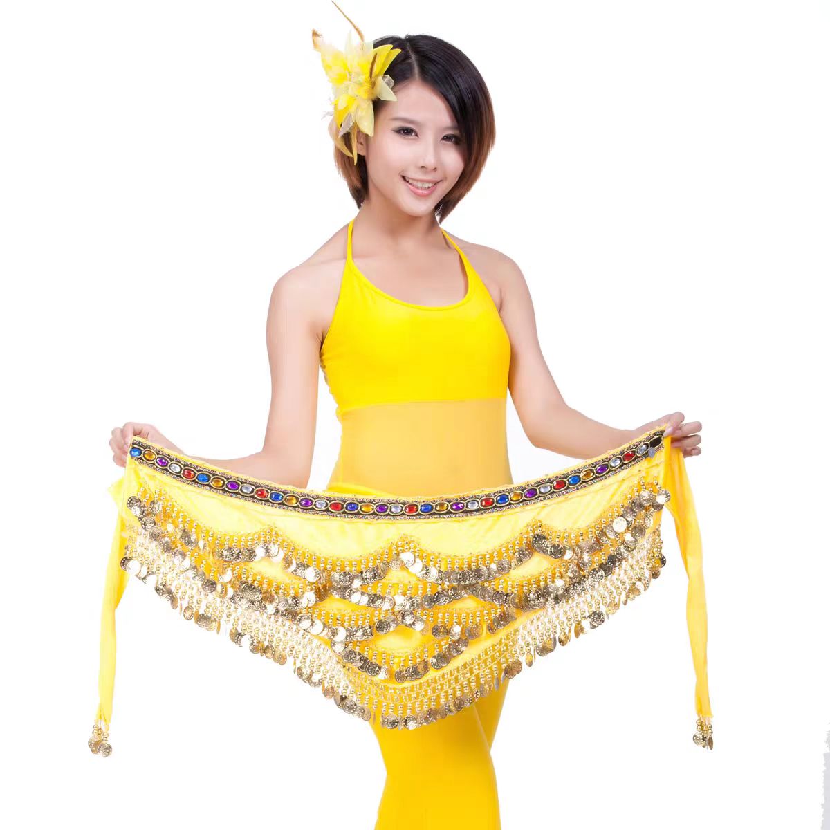 舞娘肚皮舞腰链女表演练习雪纺腰巾初学者腰带超响加长臀巾东方美