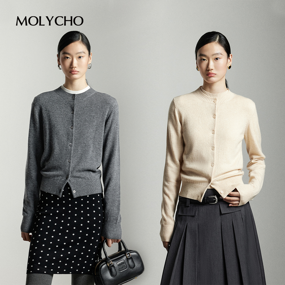 MOLYCHO 早春灰色针织开衫女秋冬修身显瘦羊毛衫叠穿上衣毛衣外套