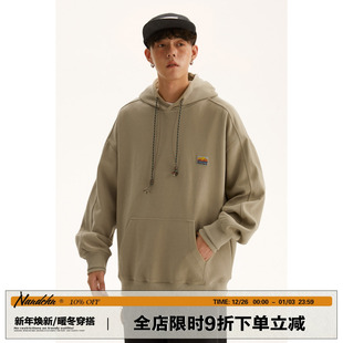 男道日系纯色小贴标连帽卫衣男秋季 潮牌复古休闲百搭慵懒套头上衣