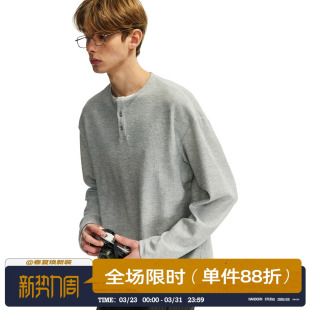 T恤 打底衫 男道美式 设计感假两件亨利领卫衣男慵懒感纯色休闲长袖