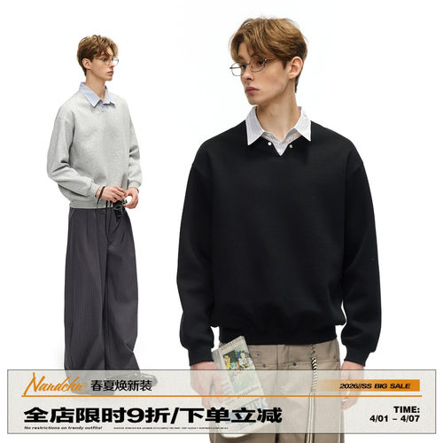 男道美式假两件衬衫领套头卫衣男2026春季boxy宽松休闲学院风上衣