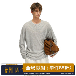 长袖 亚麻纯色亨利领个性 T恤男女春季 时尚 男道新款 简约打底衫 美式