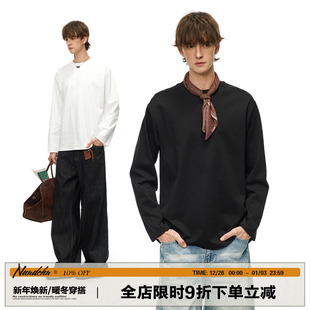 美式 男春季 宽松圆领内搭上衣 T恤衫 男道简约240G重磅纯色打底长袖