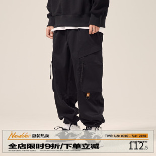 休閑百搭闊腿工裝 男道國潮2023春秋大口袋束腳機能褲 美式 褲 男士 潮