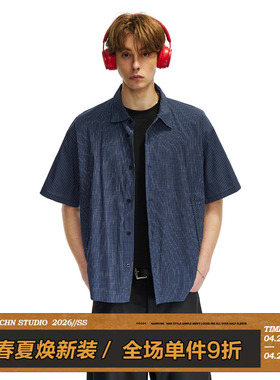 男道2026新款蓝色格子条纹短袖衬衫男夏季时尚个性百搭慵懒衬衣