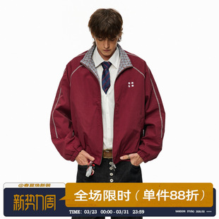 男道美式 字母刺绣宽松休闲夹克 翻领格子哈苏线运动外套男2025秋季