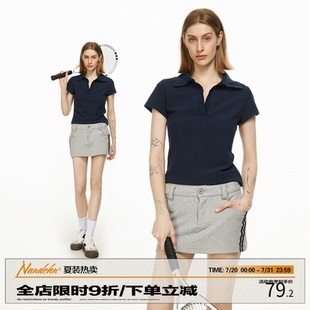 显瘦休闲正肩上衣 男道美式 复古polo翻领修身 短袖 t恤女2025新款